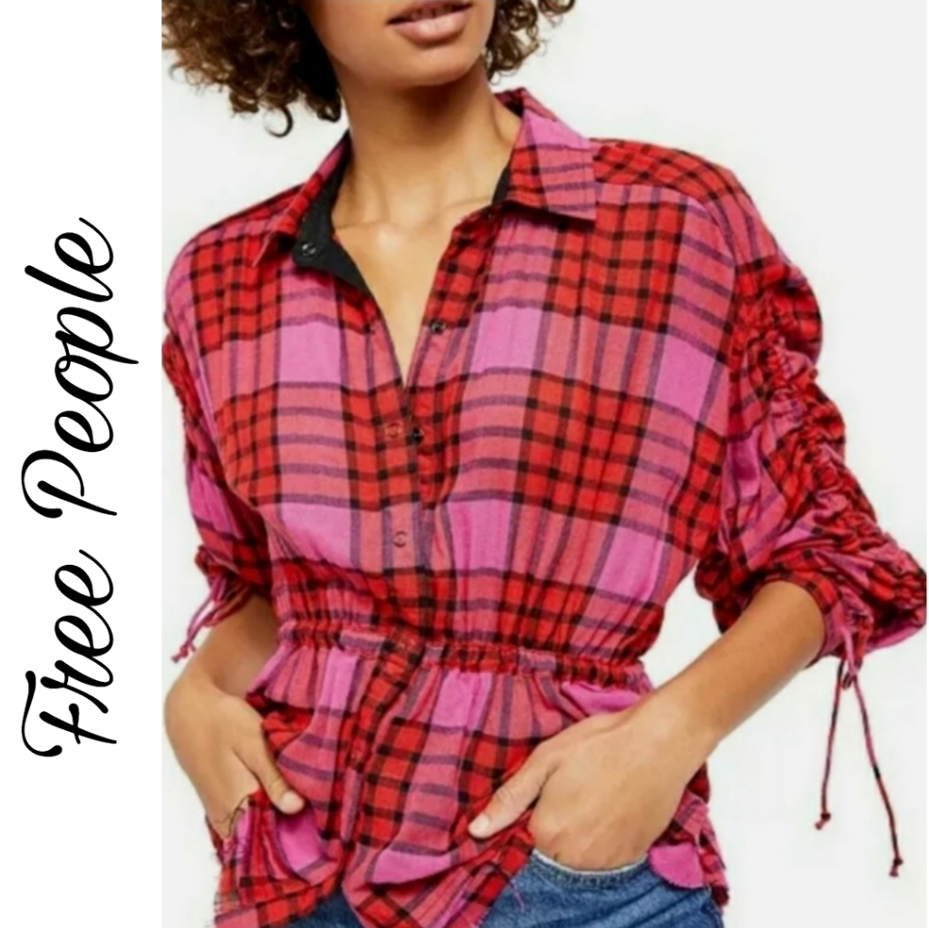 Free People Women's Red Pacific Down Plaid Shirt